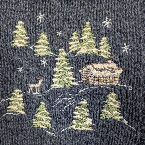Pullover Sweater Mens L Blue Vintage 90s Embroider Snow Dad Cabin Ski Holiday - Picture 2 of 11